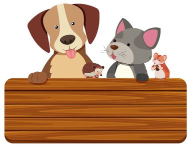 Kedi ve köpek arka planda ahşap işaretiyle