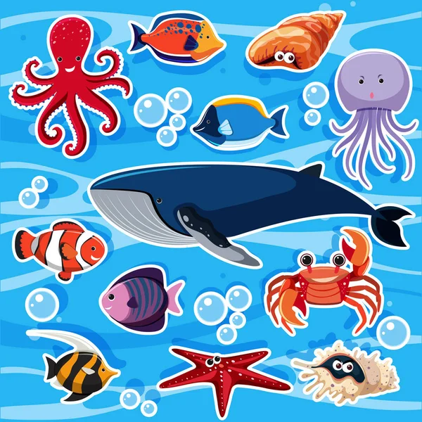 Modèle d'autocollant avec de nombreux animaux marins — Image vectorielle