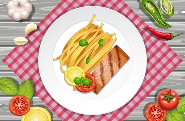 Steak z lososa a těstoviny na štítku — Stockový vektor