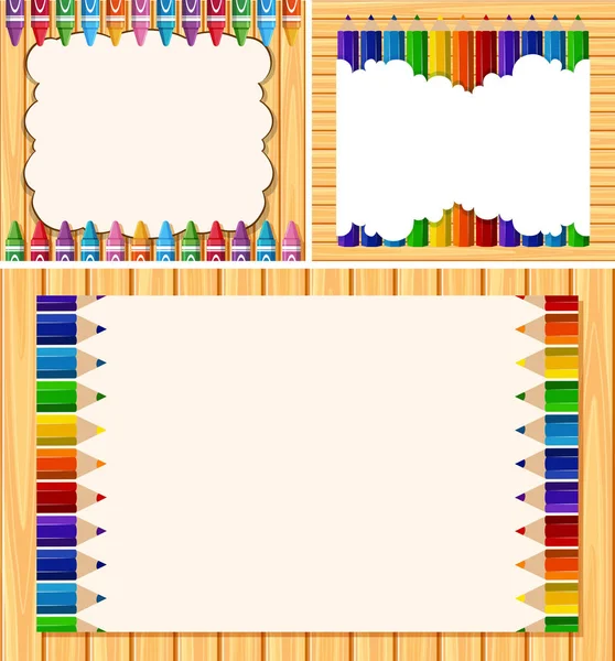 Three border templates with color pencils — Stock Vector