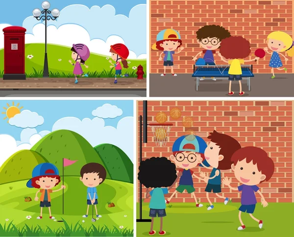 Vier Szenen von Kindern, die verschiedene Sportarten ausüben — Stockvektor