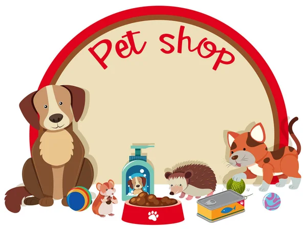 Modello di segno del negozio di animali con molti animali domestici — Vettoriale Stock
