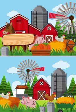 Tarım arazileri sahneleri birçok hayvan ile iki