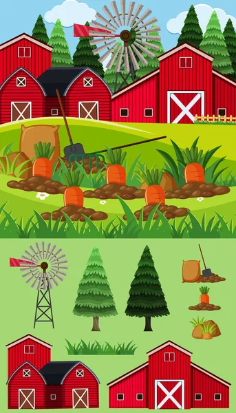 Farm scene with red barn and carrot garden — Stock Vector