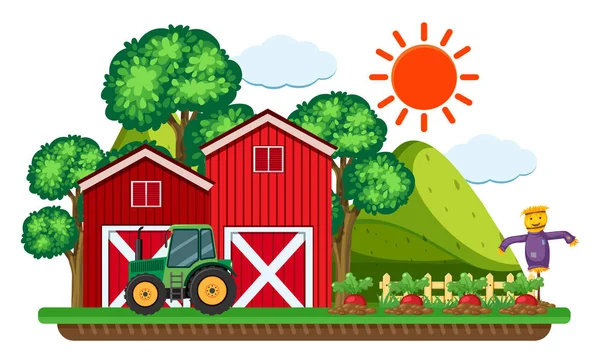 Zelený traktor od červených stodol — Stockový vektor