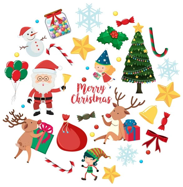 Christmas characters and ornaments on white background — Stock Vector