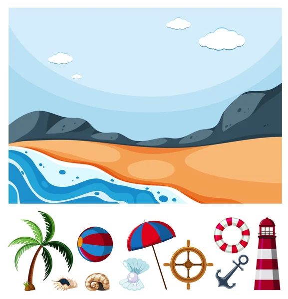 Ocean scene with different beach items