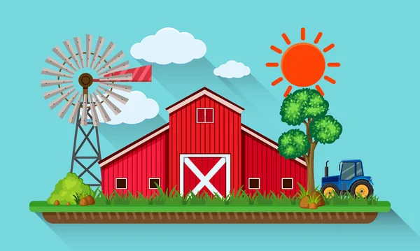 Grande grange rouge et tracteur bleu — Image vectorielle