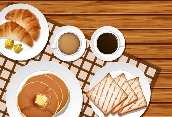 Menù diverso per la prima colazione sul tavolo di legno — Vettoriale Stock
