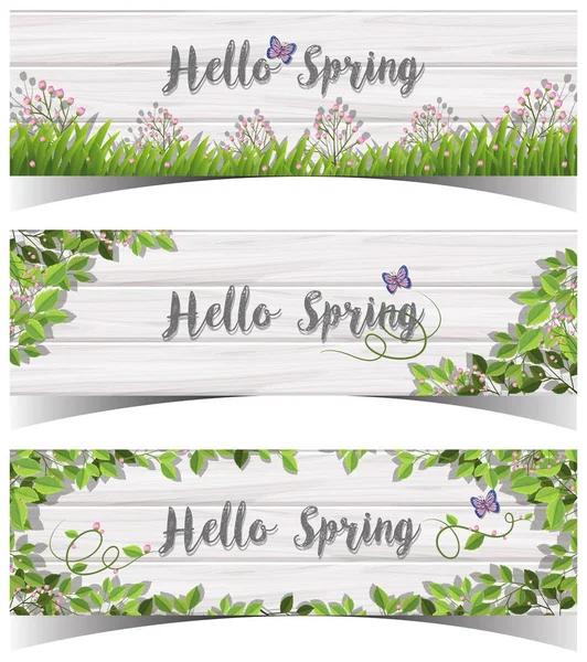 Hello Spring sign with flowers and butterfly — Stock Vector