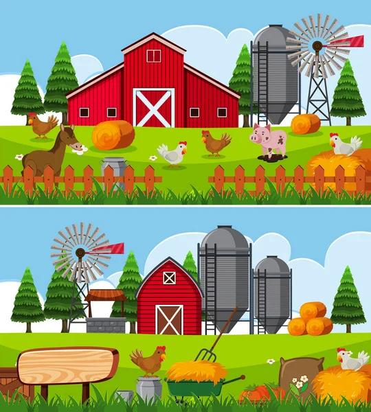 Çiftlik sahneleri birçok hayvan ile iki