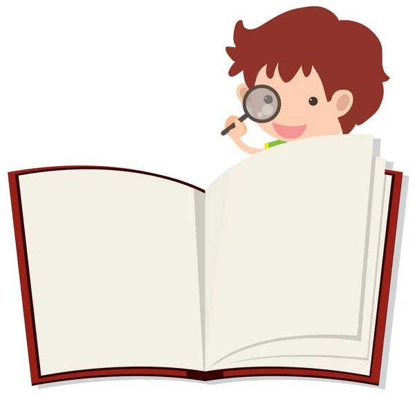Tom anteckningsbok och pojke med förstoringsglas — Stock vektor