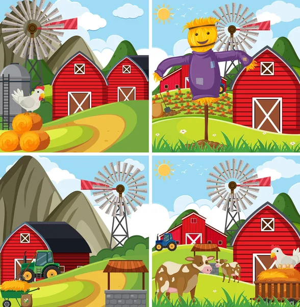 Cuatro escenas de granja con granero rojo y animales de granja — Vector de stock