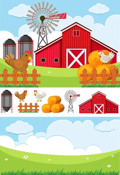 Scena di fattoria con campo e polli — Vettoriale Stock