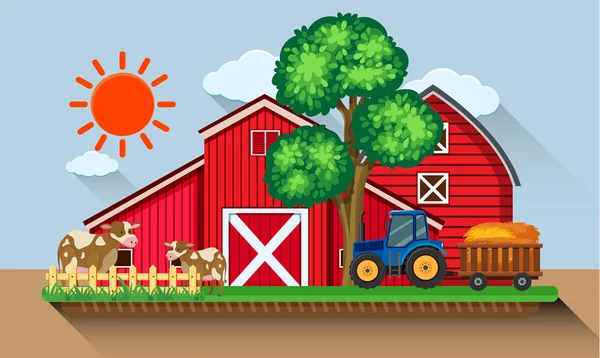 İnek ve mavi traktör ile çiftlik avlusu