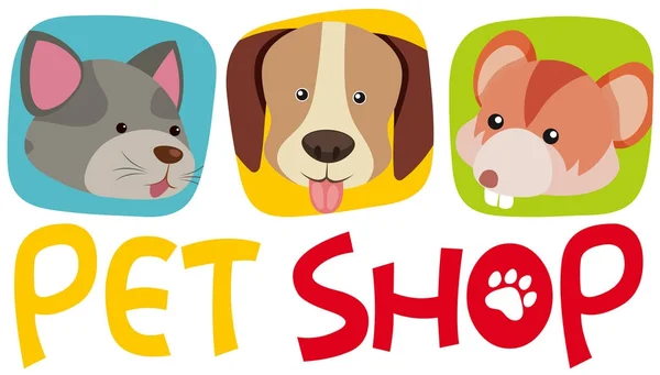 Cartel de tienda de mascotas con tres tipos de mascotas — Vector de stock