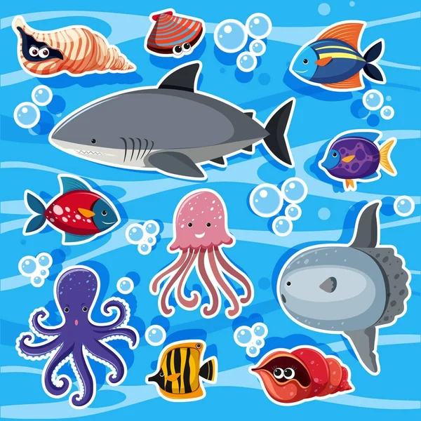 Plantillas adhesivas con animales marinos bajo el agua — Vector de stock