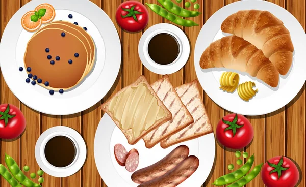 Pfannkuchen und Toast auf dem Tisch — Stockvektor