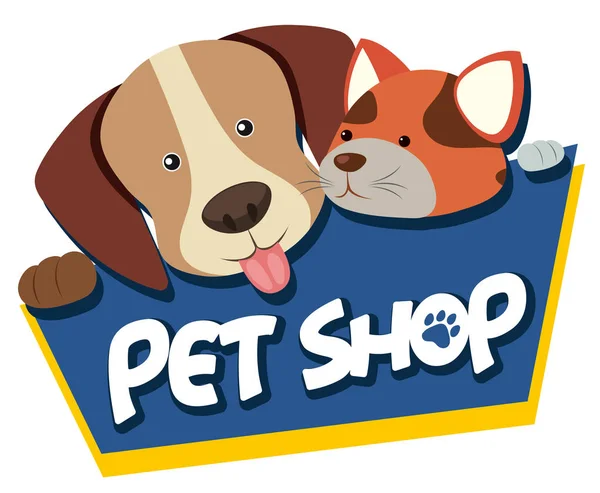 Sinal de loja de animais de estimação com cão e gato bonito — Vetor de Stock