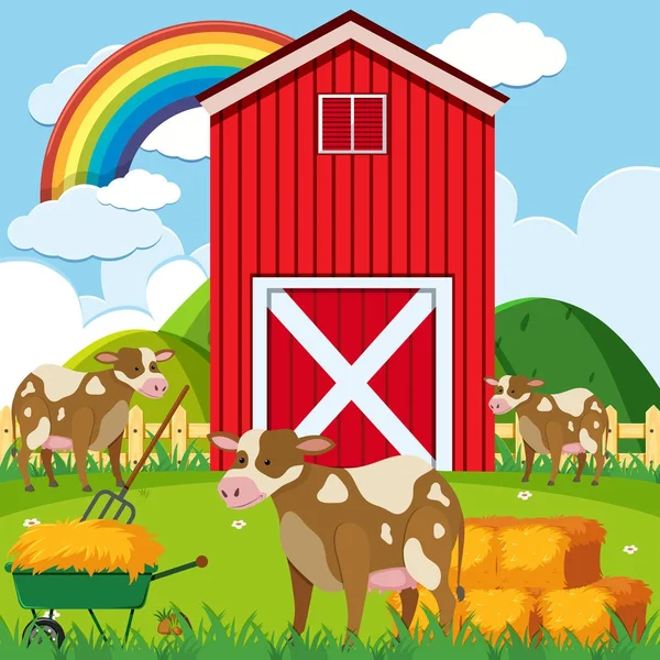Üç inek ve kırmızı ahırda çiftlik avlusu — Stok Vektör