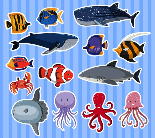 Sticker design avec de nombreux animaux de mer — Image vectorielle