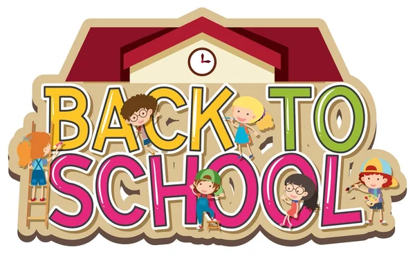 Design de palavras para voltar à escola com crianças felizes —  Vetores de Stock