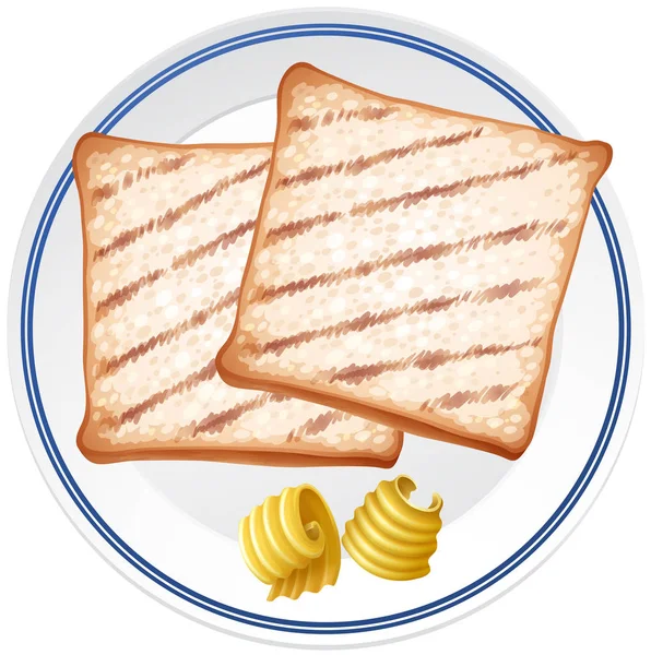 İki tost ve beyaz tabağa tereyağı — Stok Vektör
