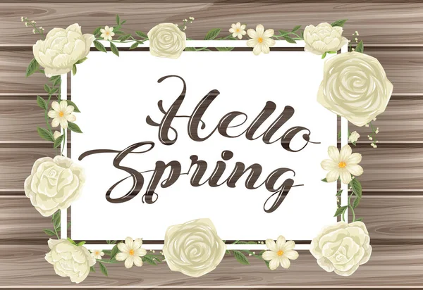 Знак Hello Spring с белыми цветами — стоковый вектор