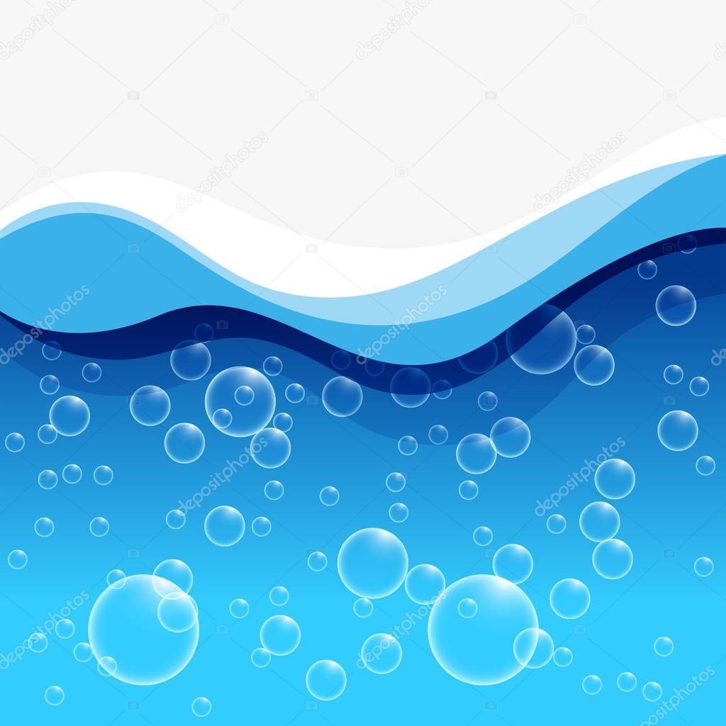 Background template with blue waves and bubbles