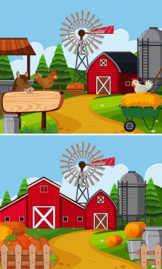 İki sahneleri ahır ve hayvanlar ile çiftlik