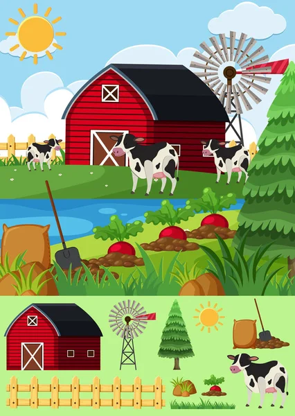 Granja escena con muchas vacas y granero — Vector de stock