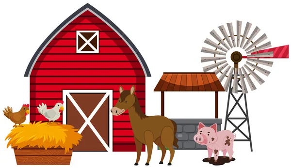 Farm animals and red barn — Stock Vector