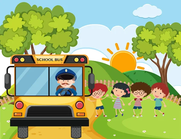 Autobús escolar con niños y conductor en las colinas — Vector de stock