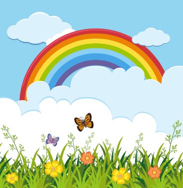 Kelebekler ve rainbow ile bahçe sahne