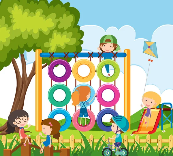 Beaucoup d'enfants jouent dans l'aire de jeux — Image vectorielle