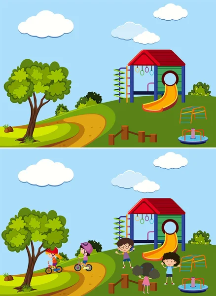 Två scener av lekplats med och utan barn — Stock vektor