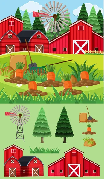 Σκηνή φάρμα με κόκκινο σιταποθήκες και καρότο κήπο — Διανυσματικό Αρχείο
