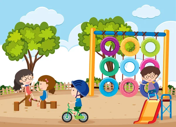 Glada barn som leker på lekplatsen — Stock vektor