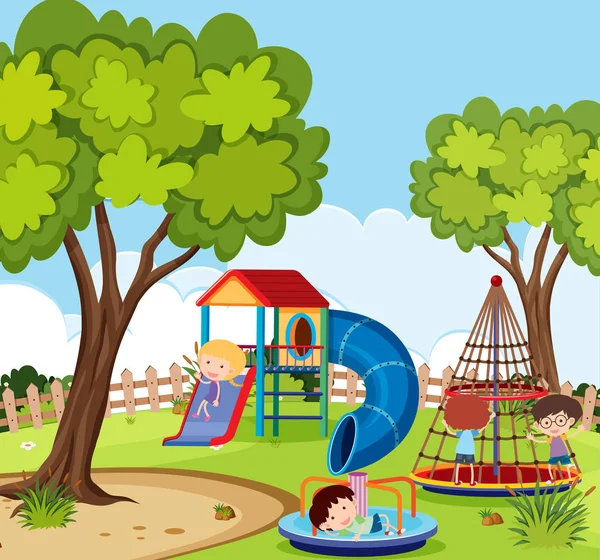 Spielplatz-Szene mit vielen spielenden Kindern — Stockvektor