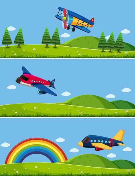 Tres escenas con aviones en el cielo — Vector de stock