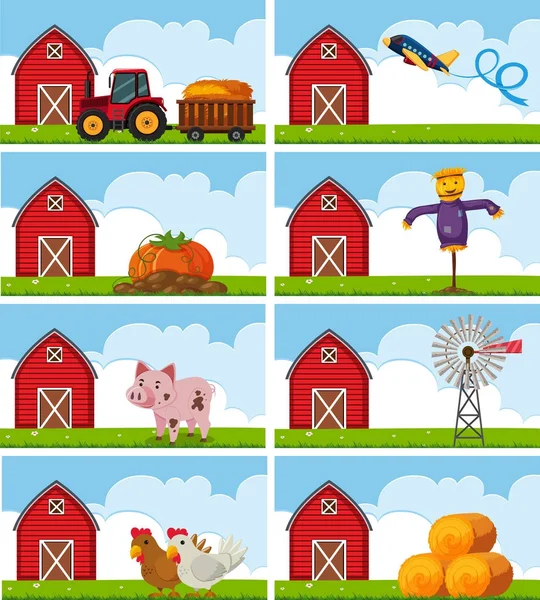 Diferentes animales de granja y cosas en la granja — Vector de stock