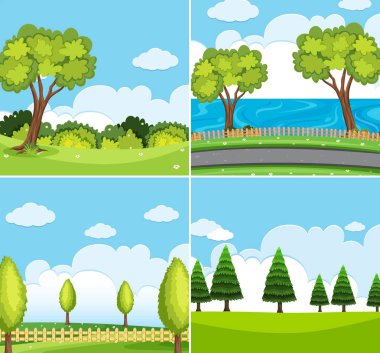 Yeşil ağaçlar ile dört arka plan sahne