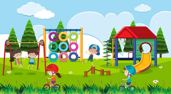 Escena del parque infantil con niños felices durante el día — Vector de stock