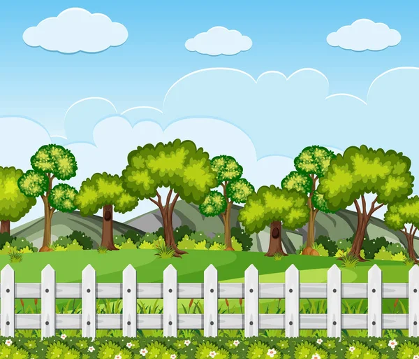 Scena naturalistica con alberi e recinzione — Vettoriale Stock