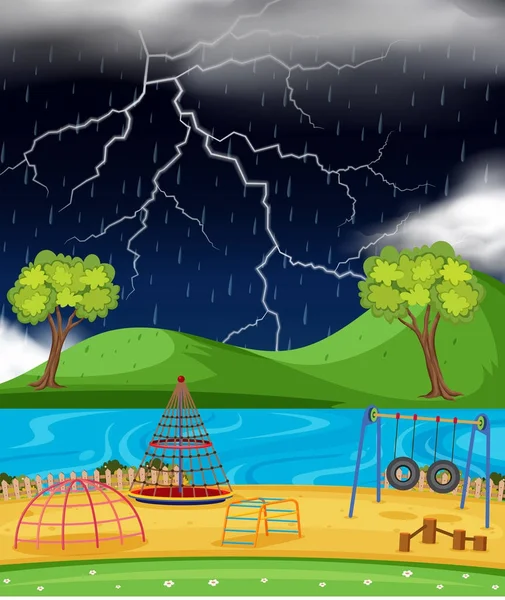 Scène d'arrière-plan avec aire de jeux sous la pluie — Image vectorielle