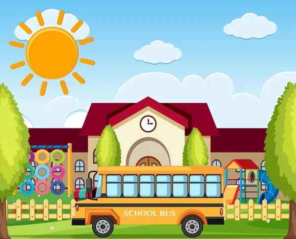 Estacionamiento de autobuses escolares frente a la escuela — Vector de stock