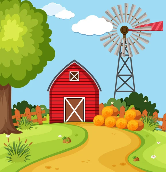 Celeiro vermelho e turbina eólica na fazenda —  Vetores de Stock