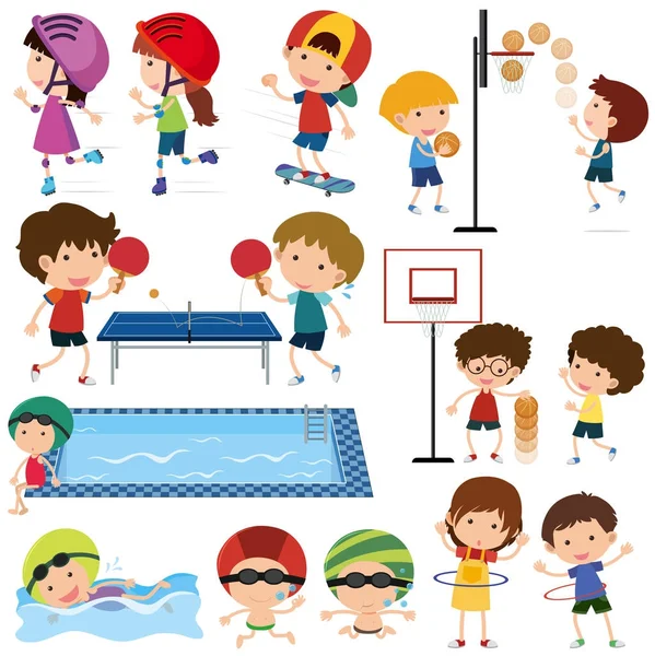 Muitas crianças que praticam esportes diferentes —  Vetores de Stock