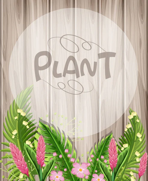 Fond en bois avec des fleurs roses et des feuilles vertes — Image vectorielle