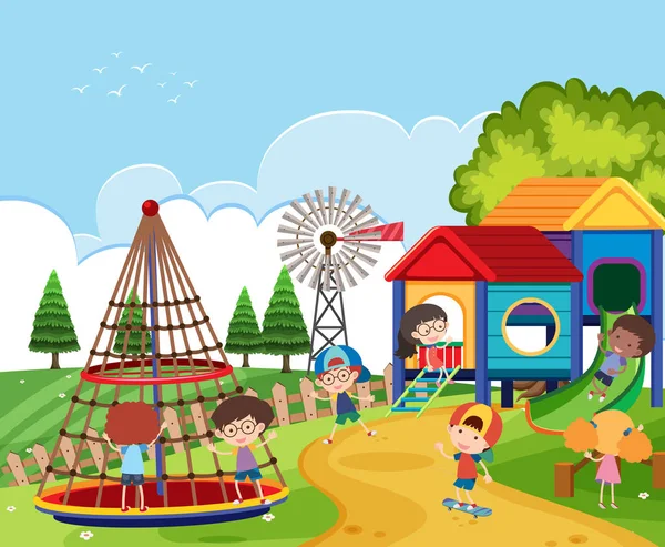 Scène avec des enfants jouant dans l'aire de jeux — Image vectorielle